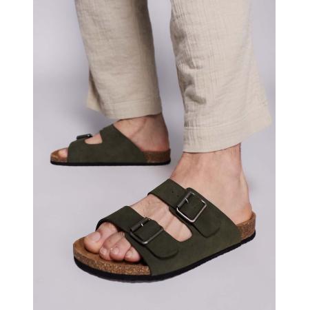 ASOS DESIGN - Sandalen met twee bandjes en kurkzool in kaki-Groen
