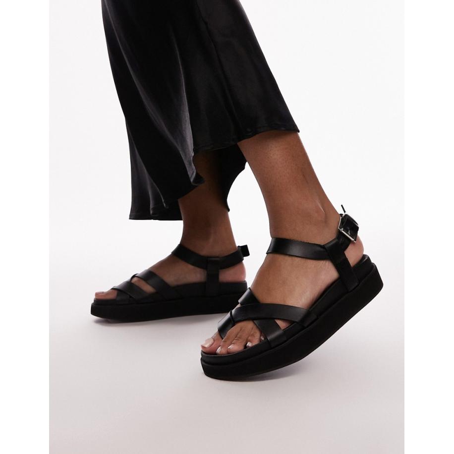 Topshop Jaya Premium leren sandalen met smalle bandjes en teenlus in zwart Zwart