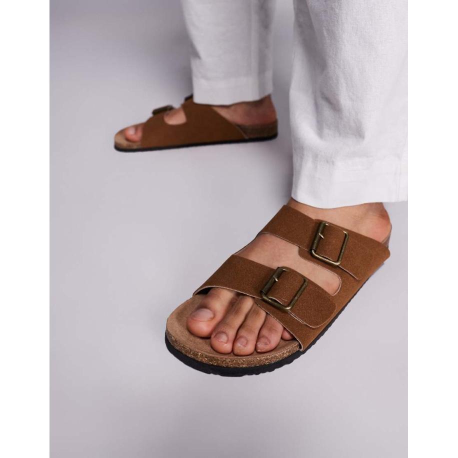 ASOS DESIGN - Sandalen met twee bandjes en kurkzool in lichtbruin Bruin