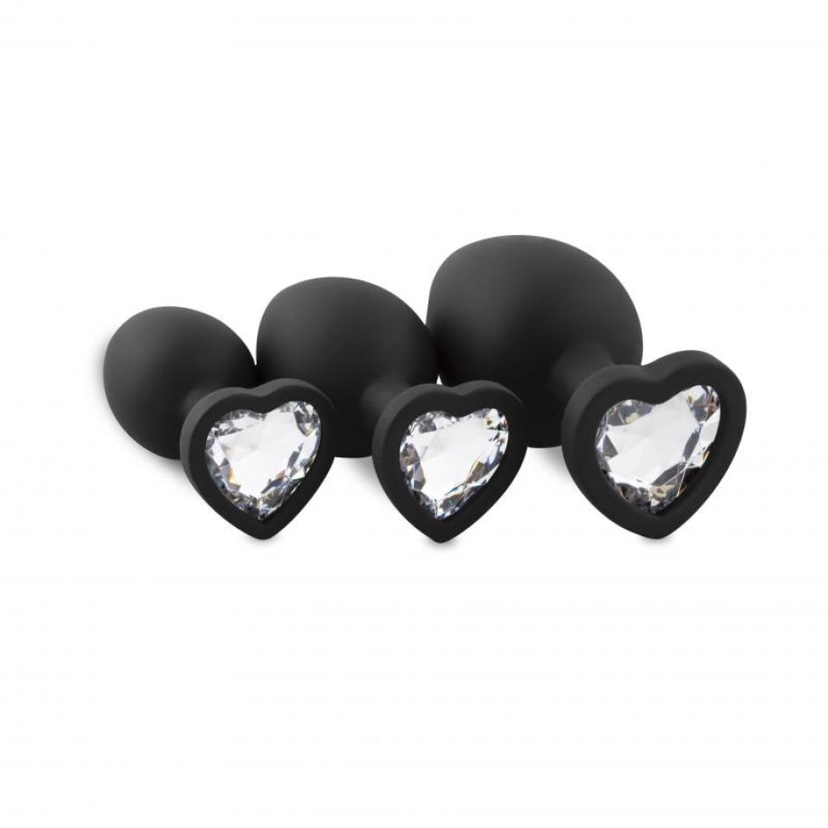 Siliconen Buttplug Set Met Diamantjes - Hart Zwart