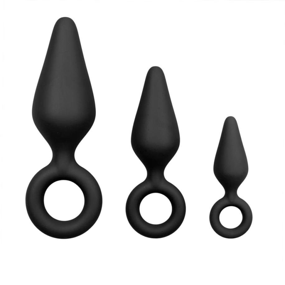 Zwarte buttplugs met trekring - setje Zwart