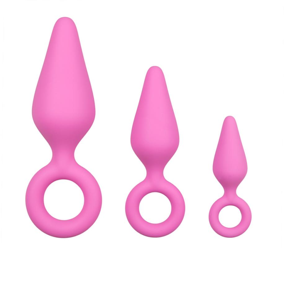Roze buttplugs met trekring - setje Roze