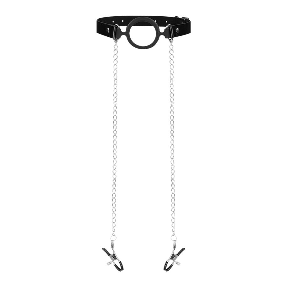 Ouch! O-Ring Gag with Nipple Clamps -