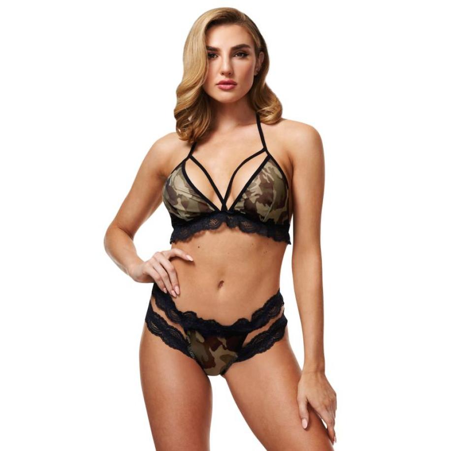 Baci 2 Pc Criss-cross Mesh & Lace Army Girl Zwart