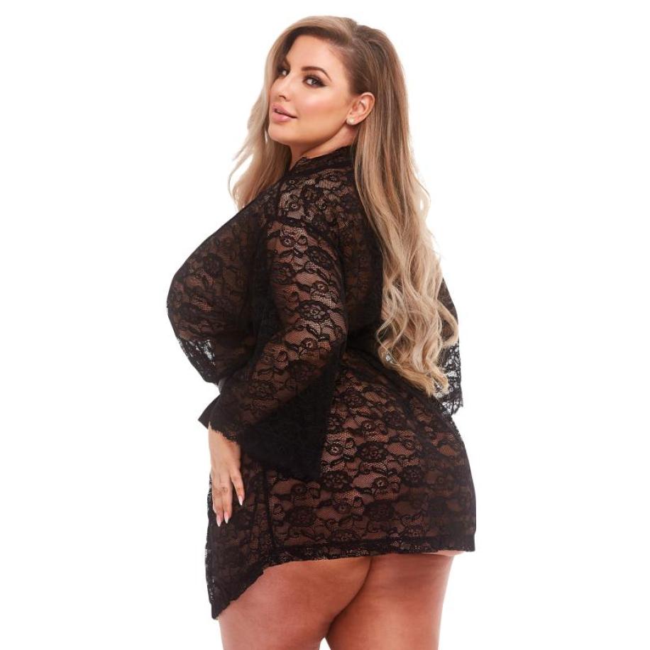 Baci Allover Lace & Satin Robe Black Queen Zwart