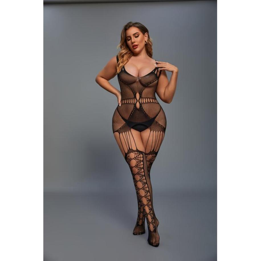 Catsuit Met Jarretel Design Zwart Curvy Zwart