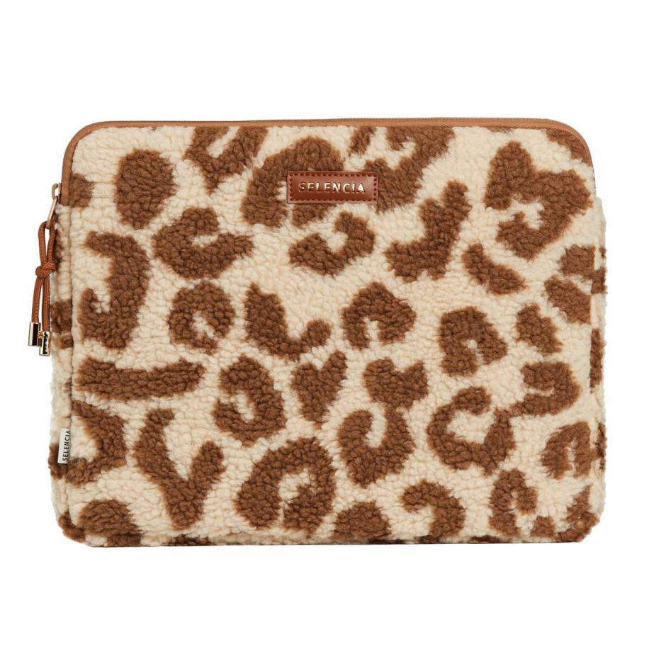 Selencia Teddy Laptop hoes 13-14 inch - Laptopsleeve - Vanilla Leopard Bruin