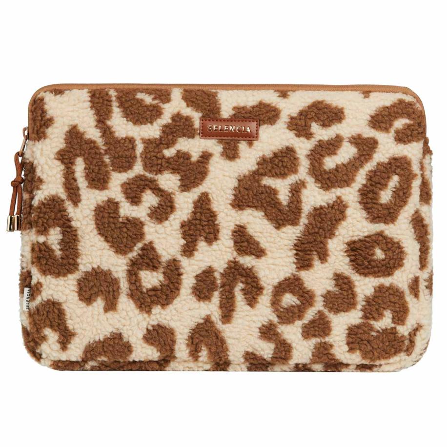 Selencia Teddy Laptop hoes 15-16 inch - Laptopsleeve - Vanilla Leopard Bruin