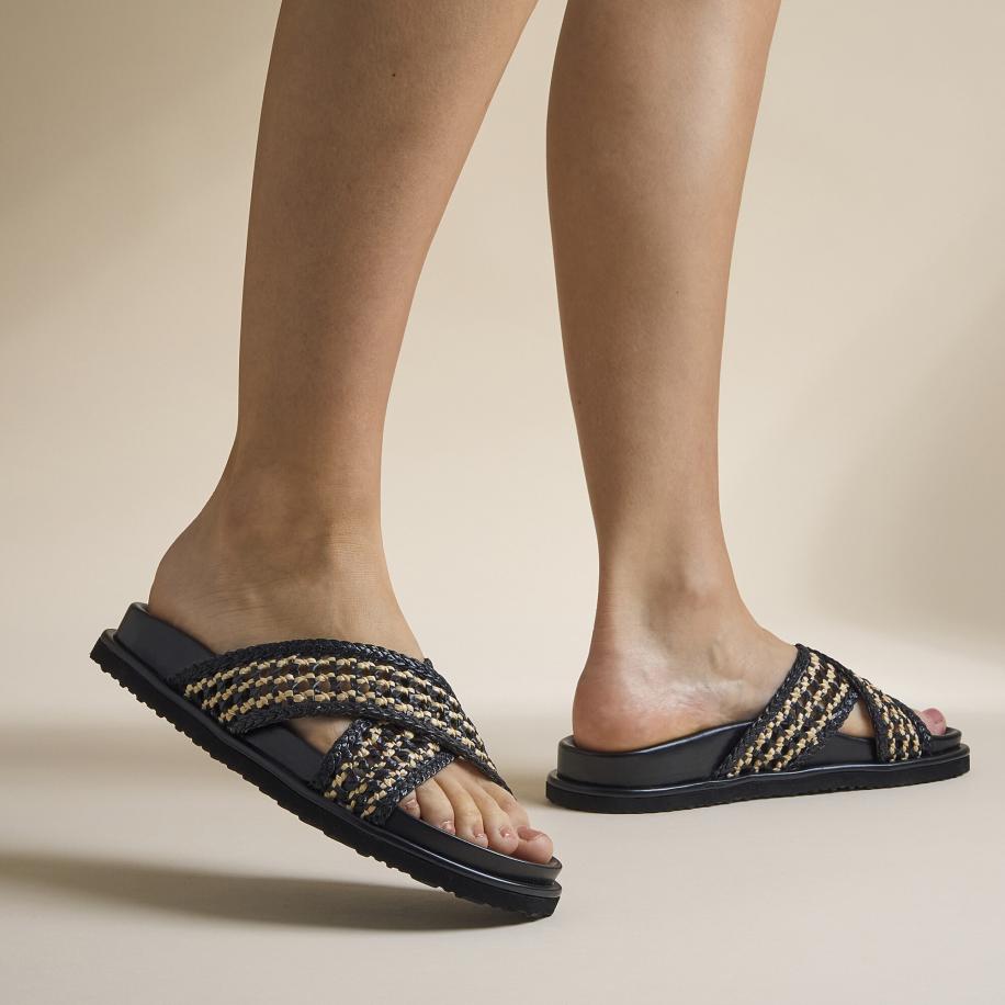 Cellini Raffia Slippers zwart Textiel Zwart