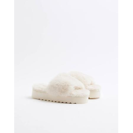 River Island Pluizige slippers in crème-Wit