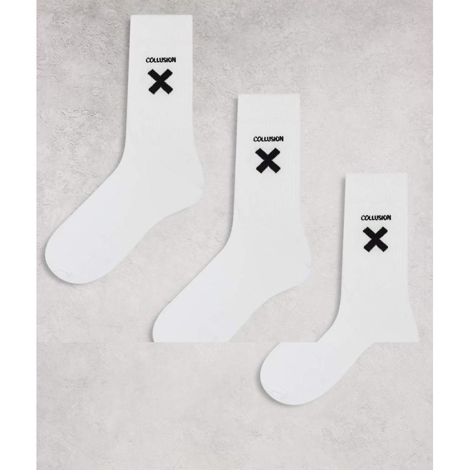 COLLUSION Unisex Set van 3 paar sokken met logo in wit Wit