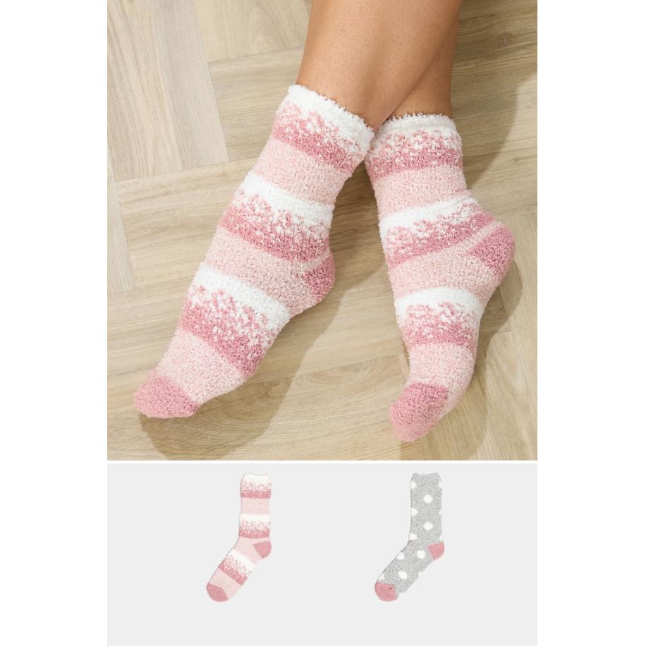 Yours 2 Pack Curve Grey & Pink Fluffy Bed Socks Size 41-44 Roze