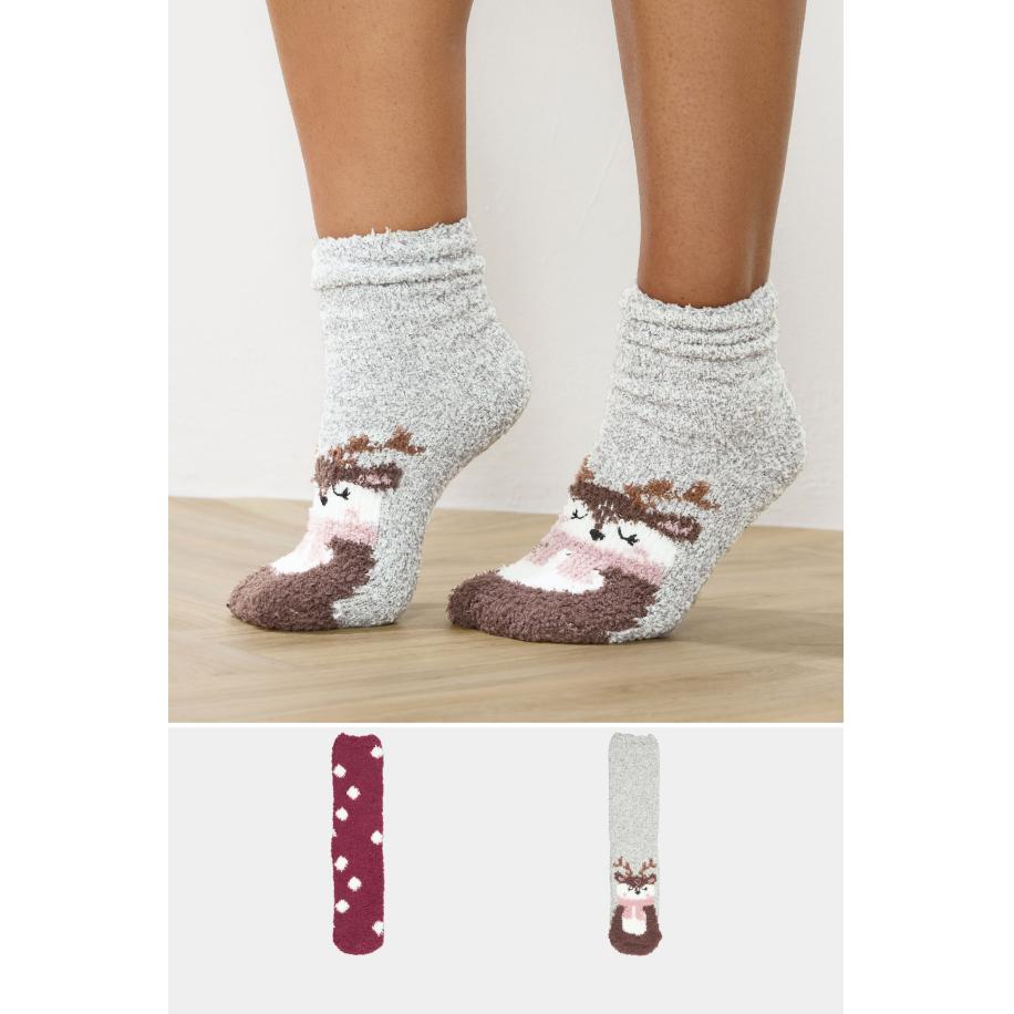 Yours 2 Pack Plus Size Grey & Red Reindeer Fluffy Bed Socks Size 41-44 Rood