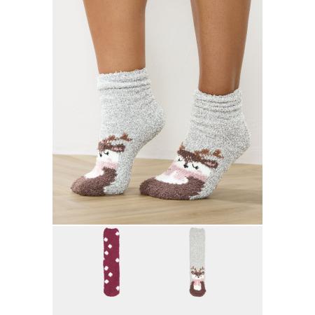 Yours 2 Pack Plus Size Grey & Red Reindeer Fluffy Bed Socks Size 41-44