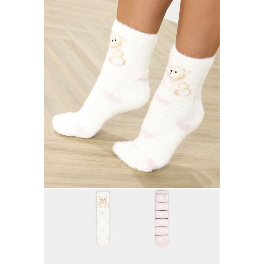 Yours 2 Pack Curve White & Pink Teddy Bear Fluffy Bed Socks Size 41-44 Wit