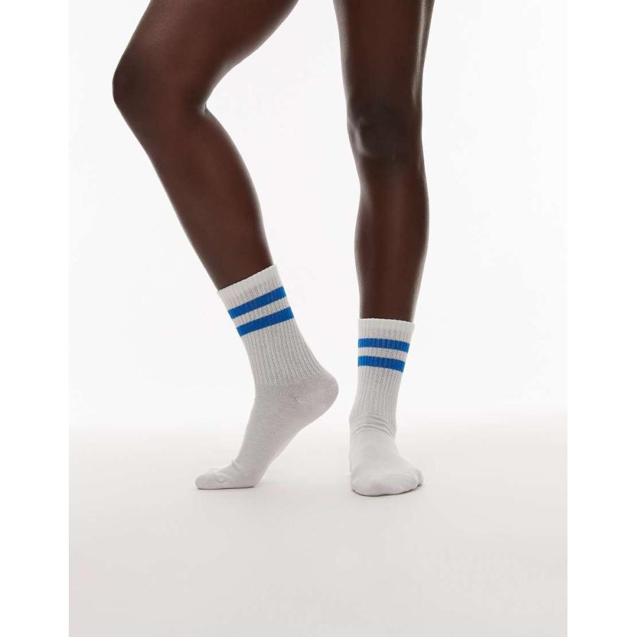 Topshop Sportieve geribbelde sokken met strepen in wit en blauw Wit