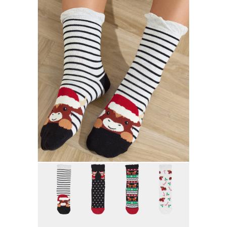 Yours 4 Pack Plus Size Black Highland Cow Novelty Christmas Ankle Socks Size 41-44