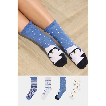 Yours 4 Pack Plus Size Blue Penguin Novelty Christmas Ankle Socks Size 41-44