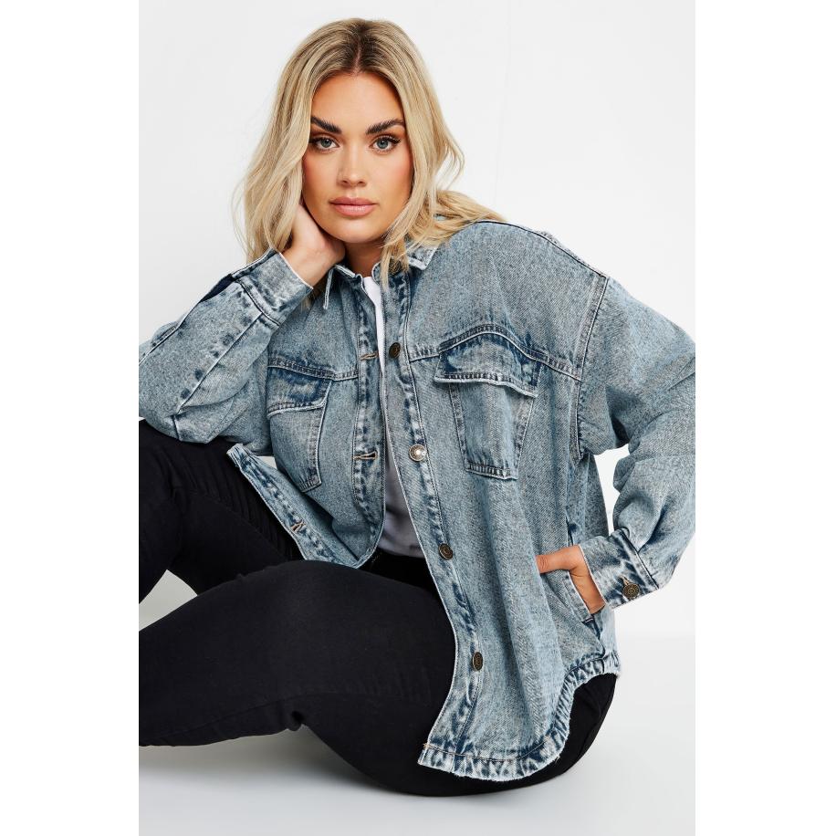 Yours Gewatteerd Denim Shacket Van Katoen In Gewassen Blauw Size 42 Blauw