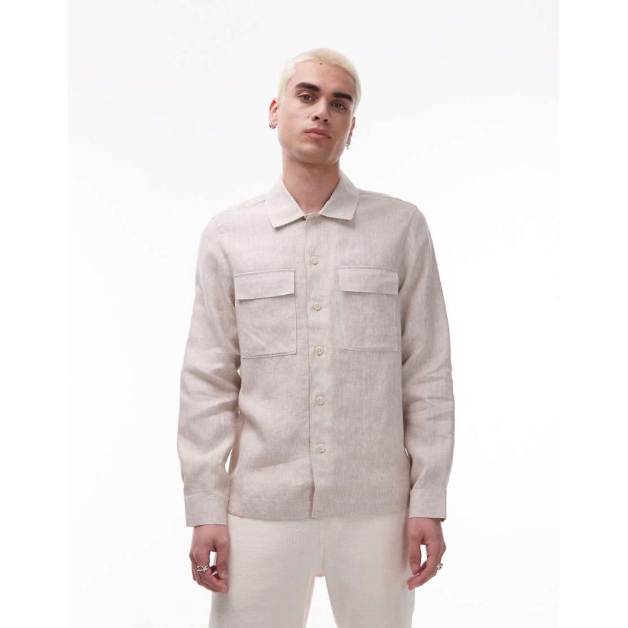 Mango - Premium - Shacket van linnen in beige-Neutraal Multicolor