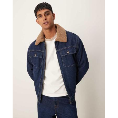 Mango - Denim jack met rits, overhemd-detail en borgkraag in donker denim-Blauw