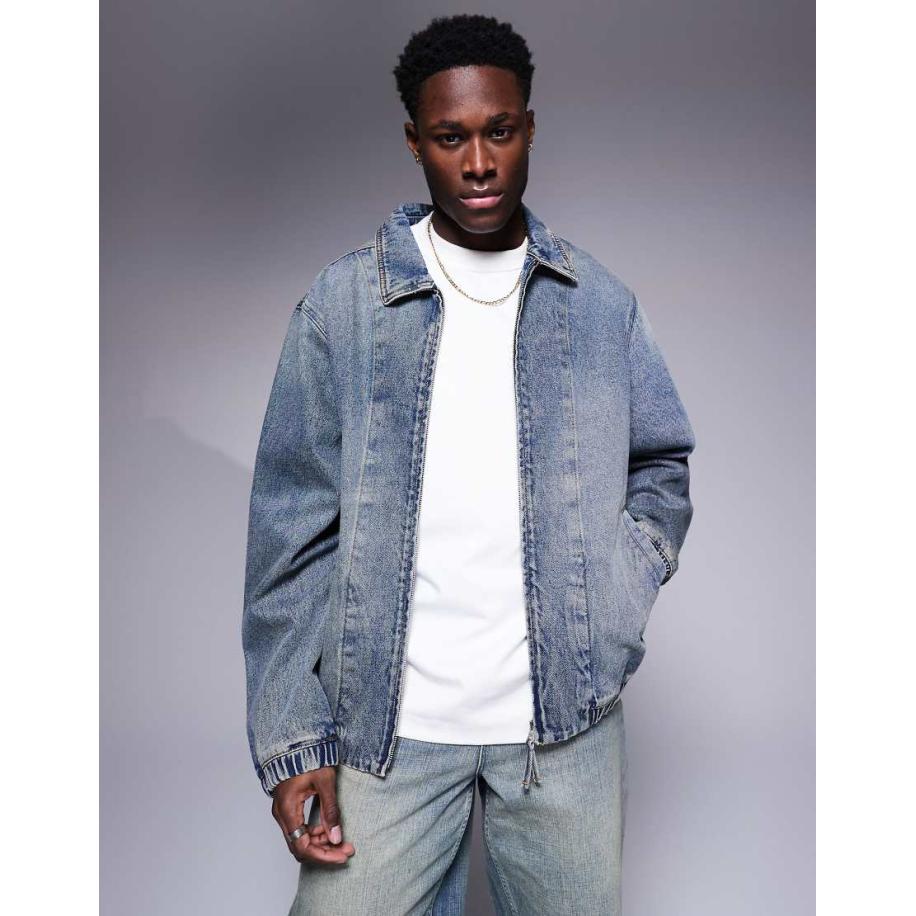 ASOS DESIGN - Denim bomberjack in mid-wash blauw Blauw