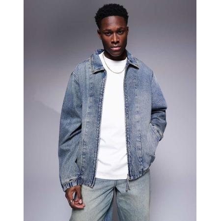 ASOS DESIGN - Denim bomberjack in mid-wash blauw