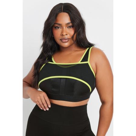Yours Sport Bh Met Mesh En Contrastrand In Zwart/Geel Size 44DD-E