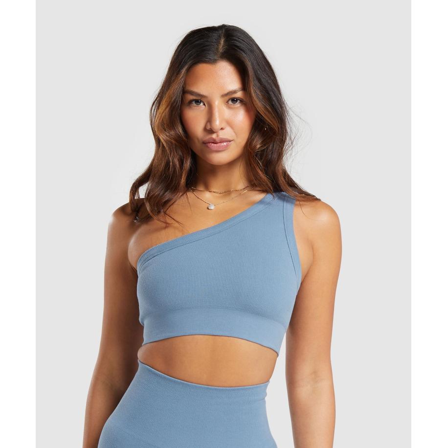 Gymshark Ribbed Cotton Seamless One Shoulder Bra Faded Blue Blauw
