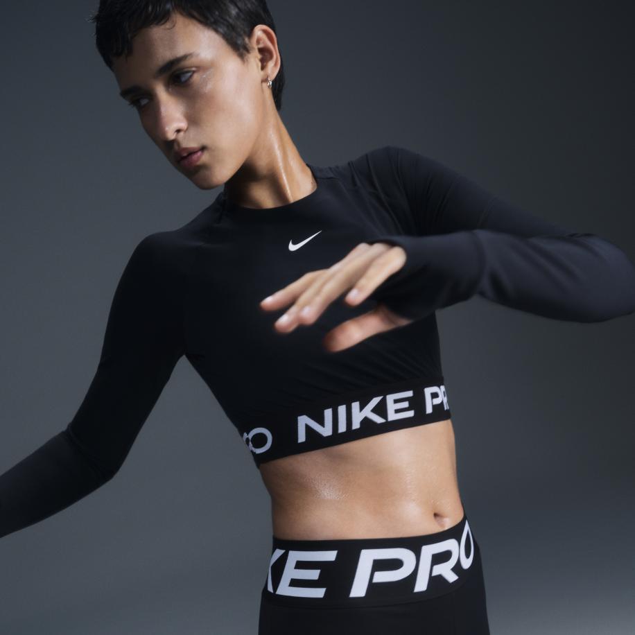 Nike Pro Dri-FIT korte top met lange mouwen voor dames - Zwart Zwart