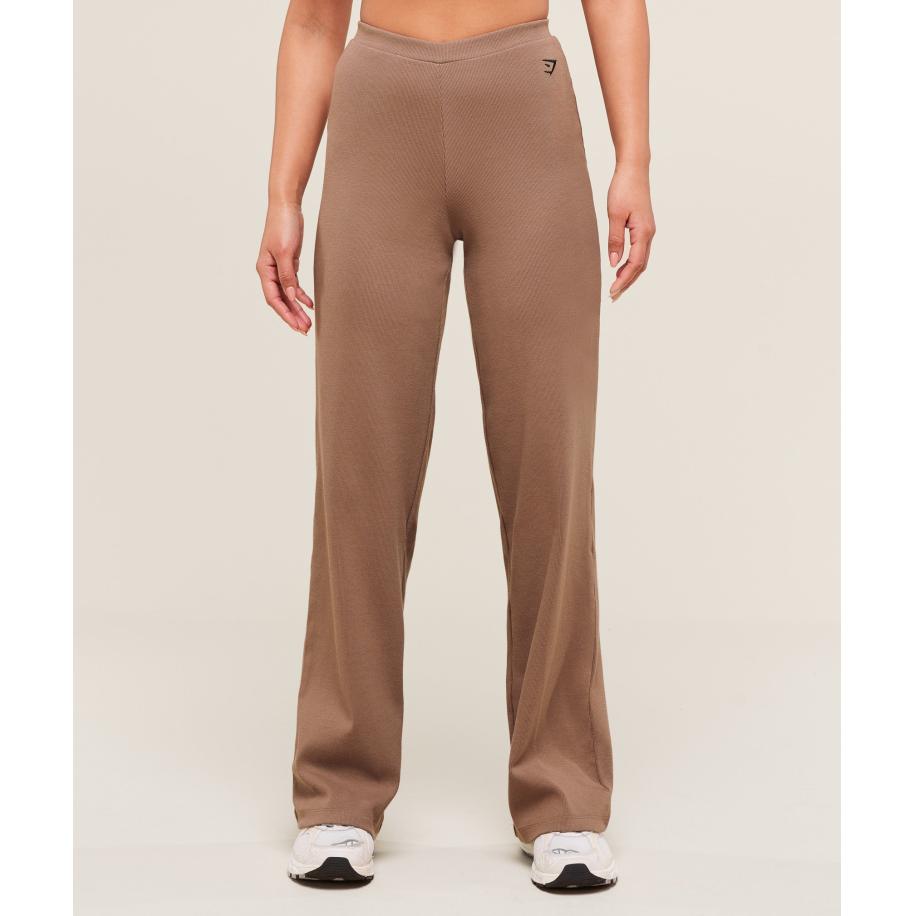 Gymshark Ribbed Cotton Straight Leg Pants Mocha Mauve/Black Bruin