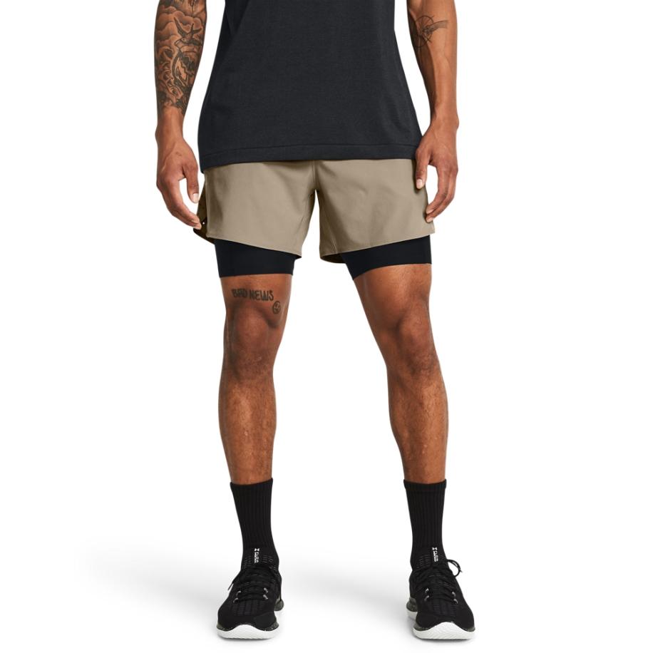 Under Armour Vanish Elite 2-in-1 herenshorts Timberwolf Taupe / Zwart / Zwart 3XL Bruin