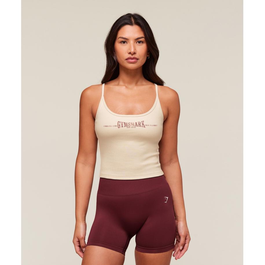Gymshark Ribbed Cotton Midi Shelf Tank Oat White/Burgundy Brown Wit