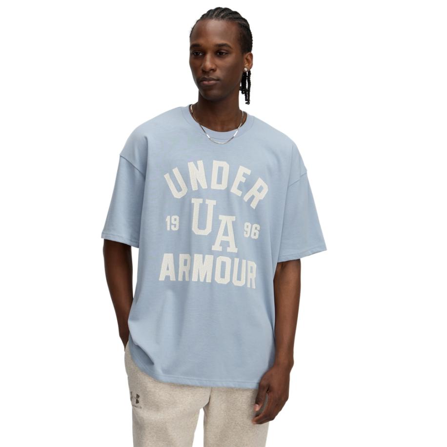Under Armour Heavyweight Varsity Oversized herenshirt met korte mouwen Harbor Blauw / Steen XS Blauw