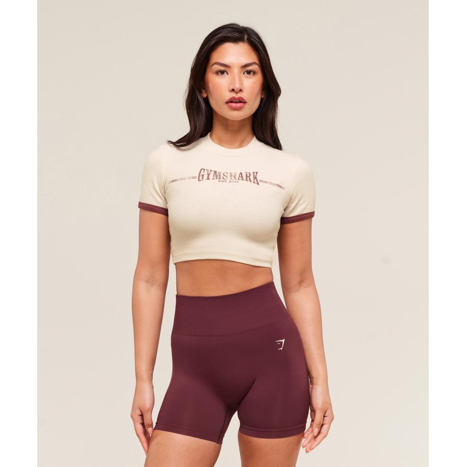 Gymshark Ribbed Cotton Crop Top Oat White/Burgundy Brown Wit