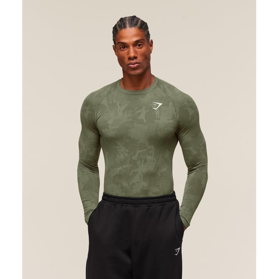 Gymshark Geo Seamless Long Sleeve T-Shirt Core Olive/Deep Olive Green Groen