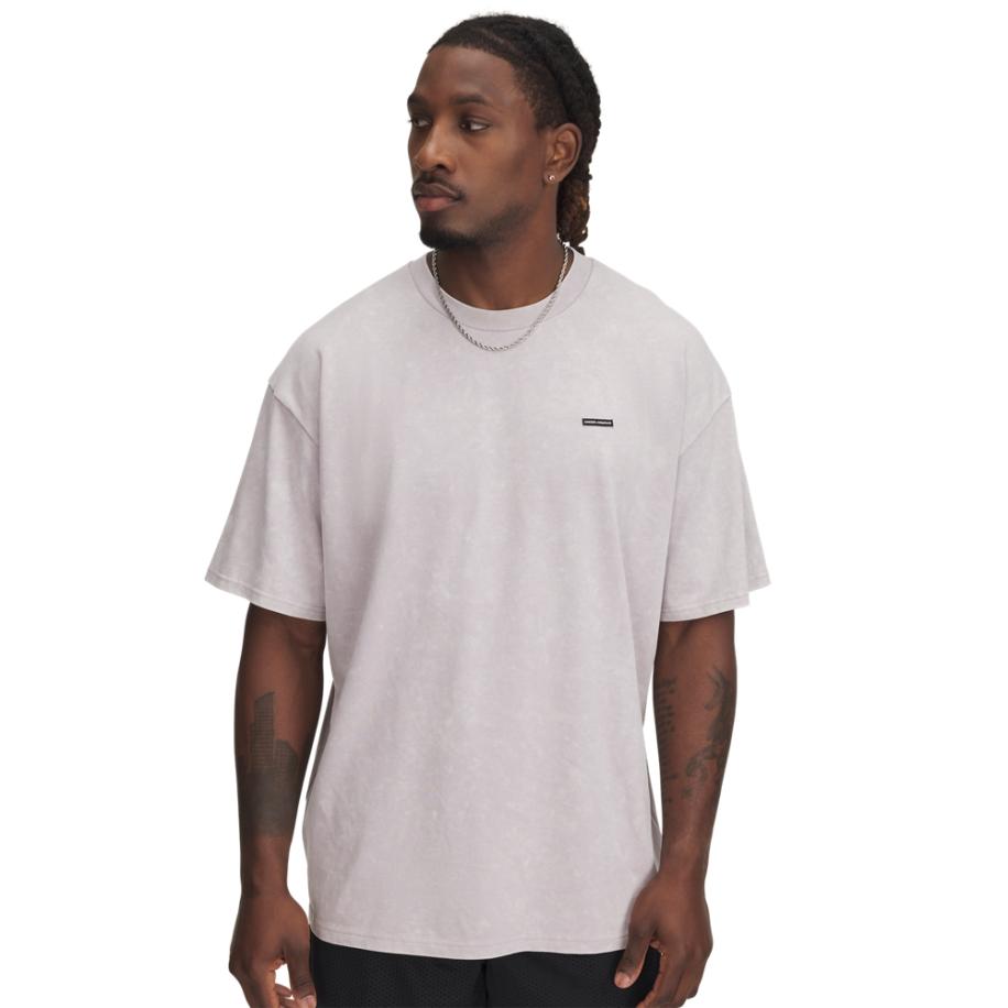 Under Armour Heavyweight Logo Wash Oversized herenshirt met korte mouwen Grijs Dawn / Wit XS Grijs