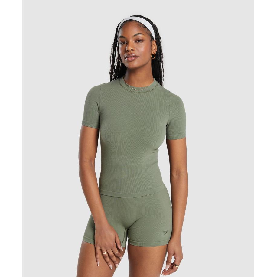Gymshark Ribbed Cotton Seamless T-Shirt Base Green Groen