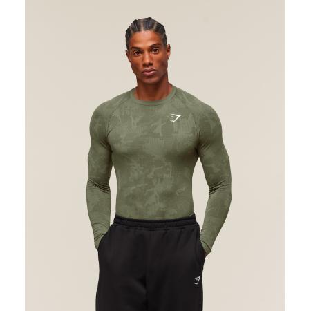 Gymshark Geo Seamless Long Sleeve T-Shirt Core Olive/Deep Olive Green