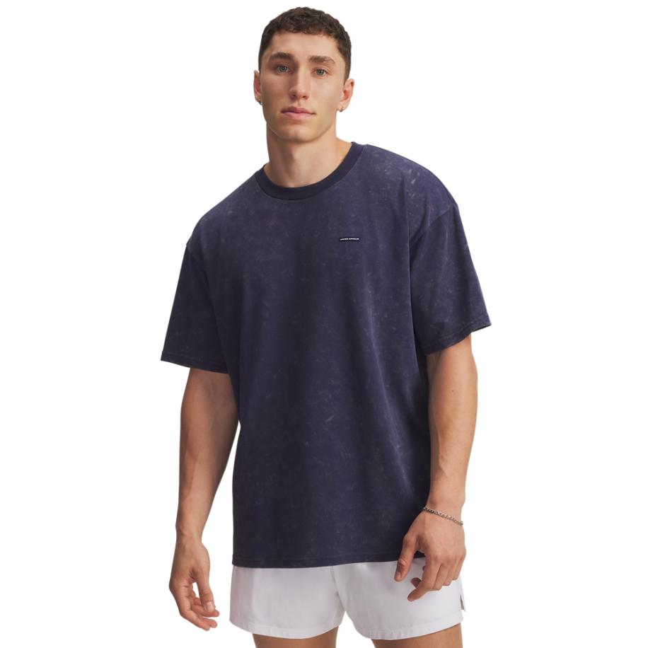 Under Armour Heavyweight Logo Wash Oversized herenshirt met korte mouwen Washed Marineblauw / Wit S Blauw