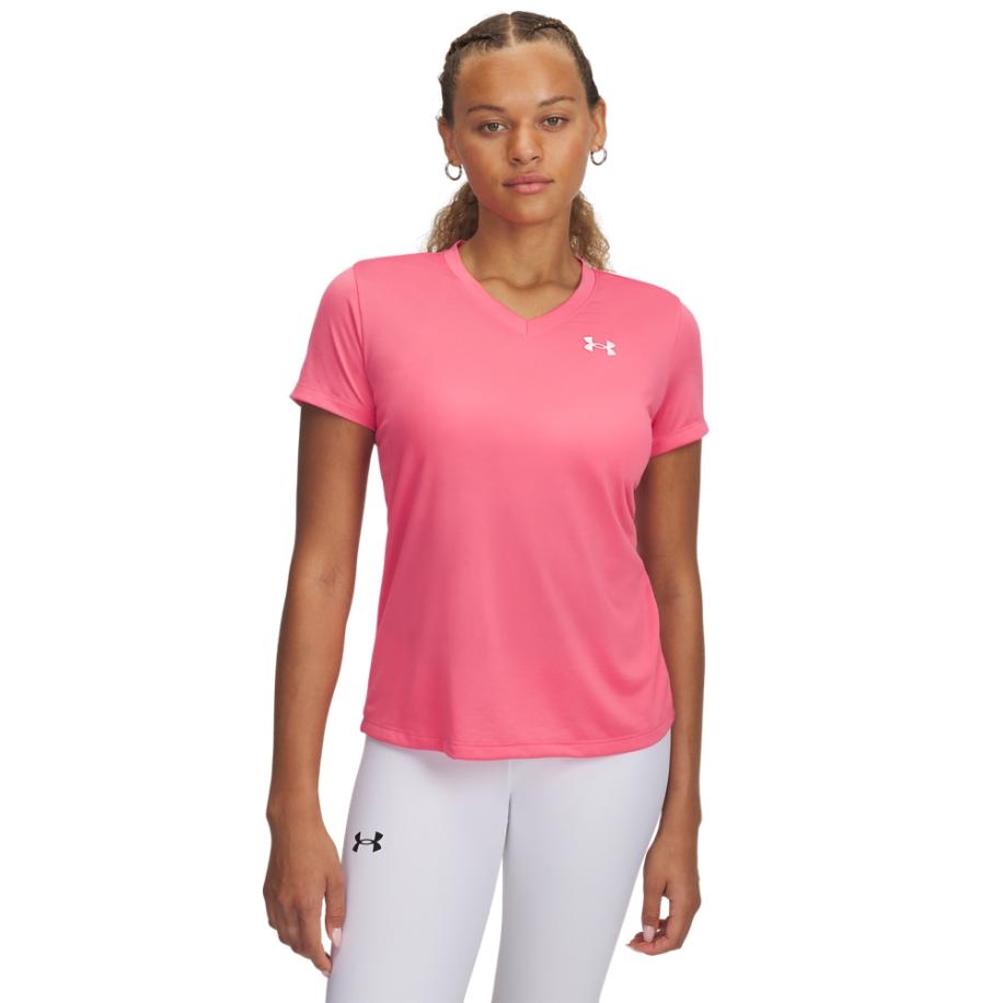 Damesshirt Under Armour Tech™ V-Neck met korte mouwen Super Roze / Wit M Roze