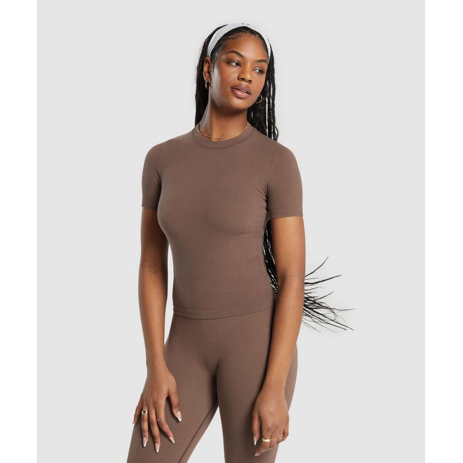 Gymshark Ribbed Cotton Seamless T-Shirt Soft Brown Bruin