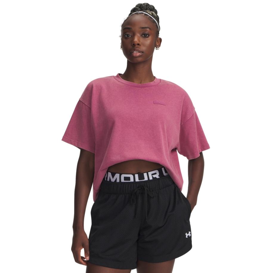 Under Armour Boxy Wash Heavyweight damesshirt met korte mouwen Fuchsia Dusk / Zwart XXL Rood