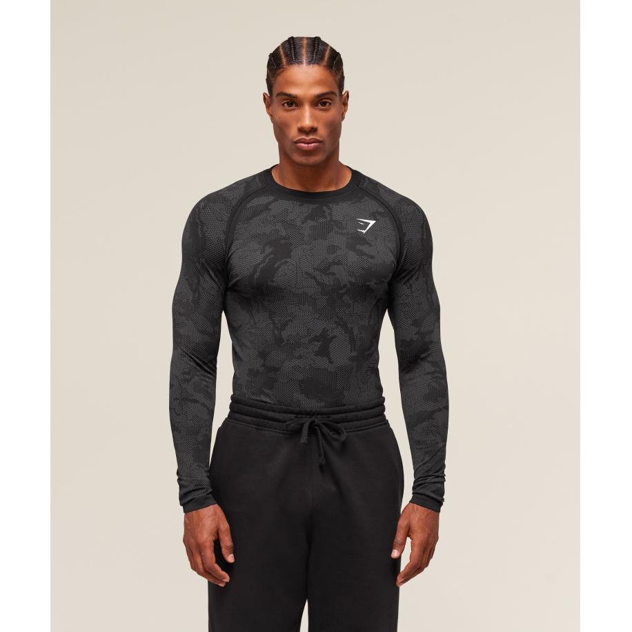 Gymshark Geo Seamless Long Sleeve T-Shirt Black/Charcoal Grey Zwart