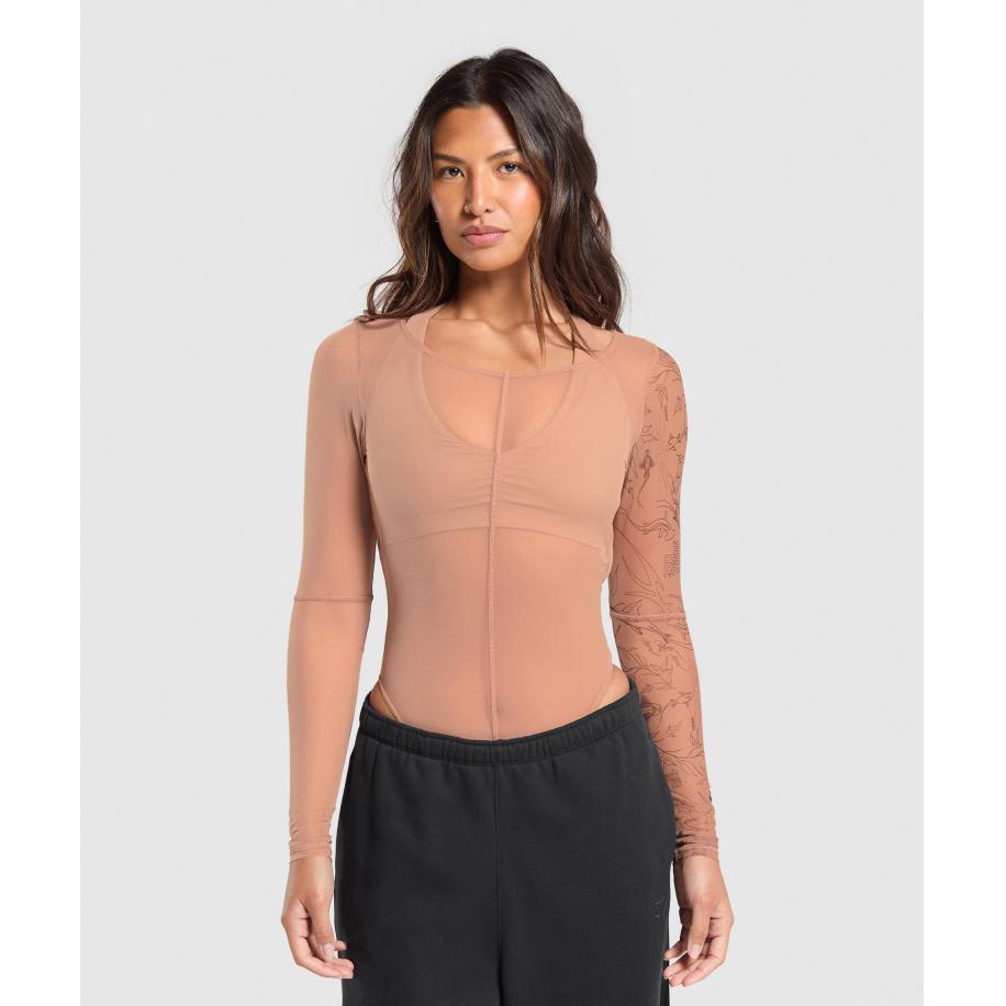 Gymshark Elevate Tattoo Graphic Mesh Bodysuit Autumn Brown Bruin