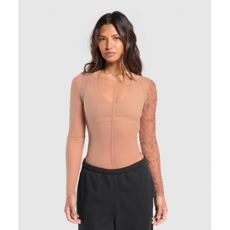 Gymshark Elevate Tattoo Graphic Mesh Bodysuit Autumn Brown
