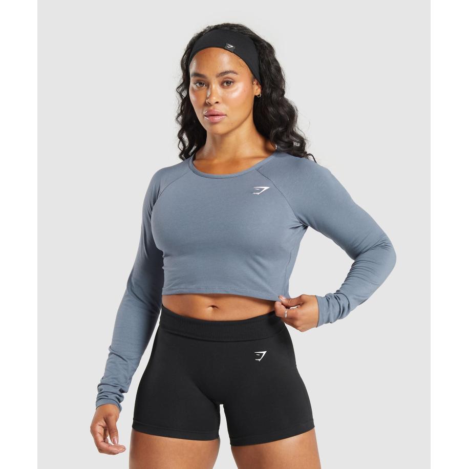 Gymshark Lifting Essential Long Sleeve Crop Top Iron Blue Blauw
