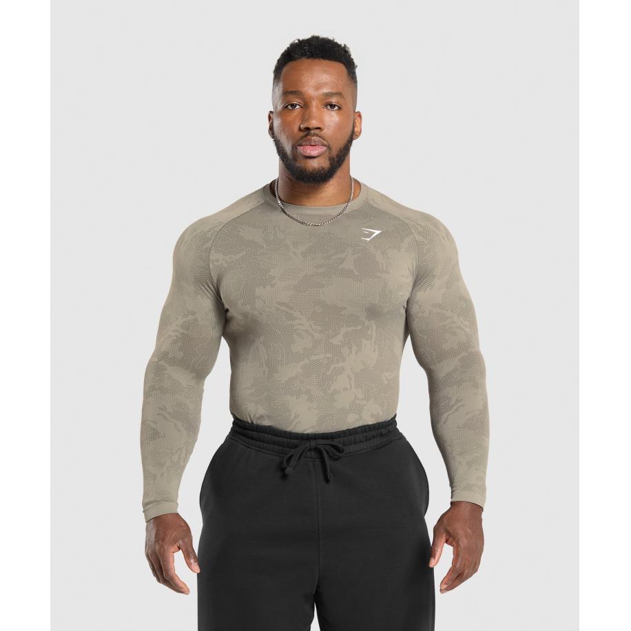 Gymshark Geo Seamless Long Sleeve T-Shirt Linen Brown/Camo Brown Bruin