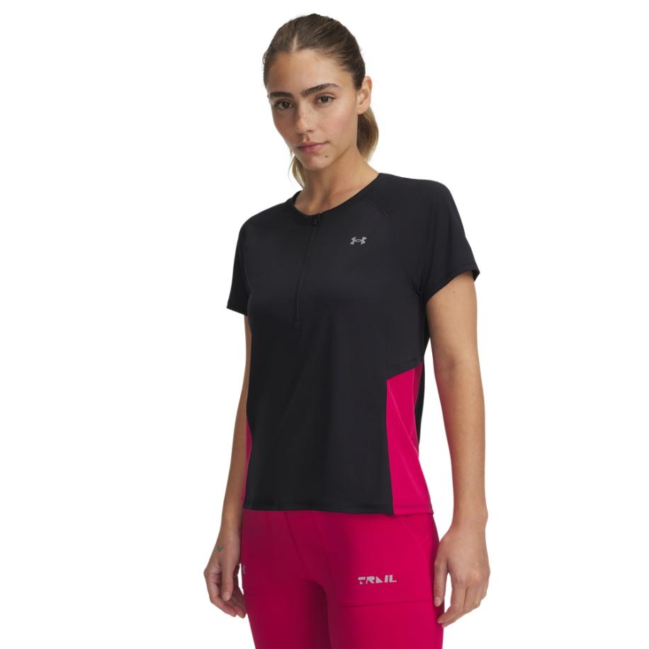 Under Armour Trail Run Damesshirt met rits en korte mouwen Zwart / Shaded Fuchsia / Reflecterend XL Zwart