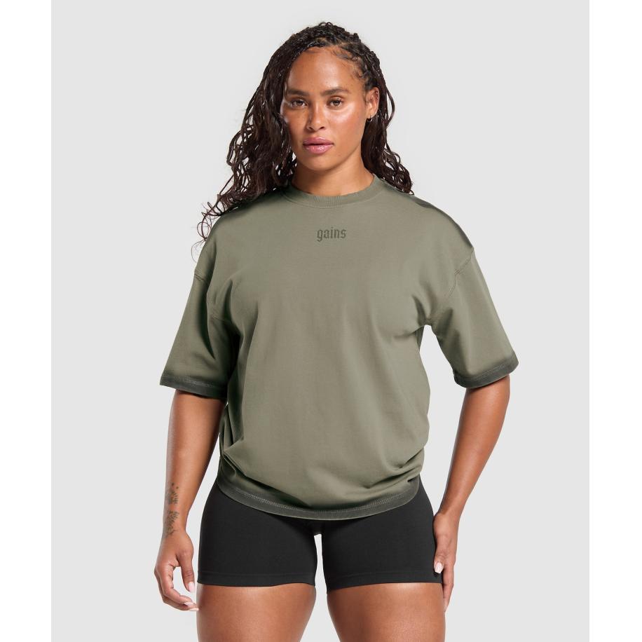 Gymshark Gains Washed Heavyweight Cotton T-Shirt Base Green/Strength Green Groen